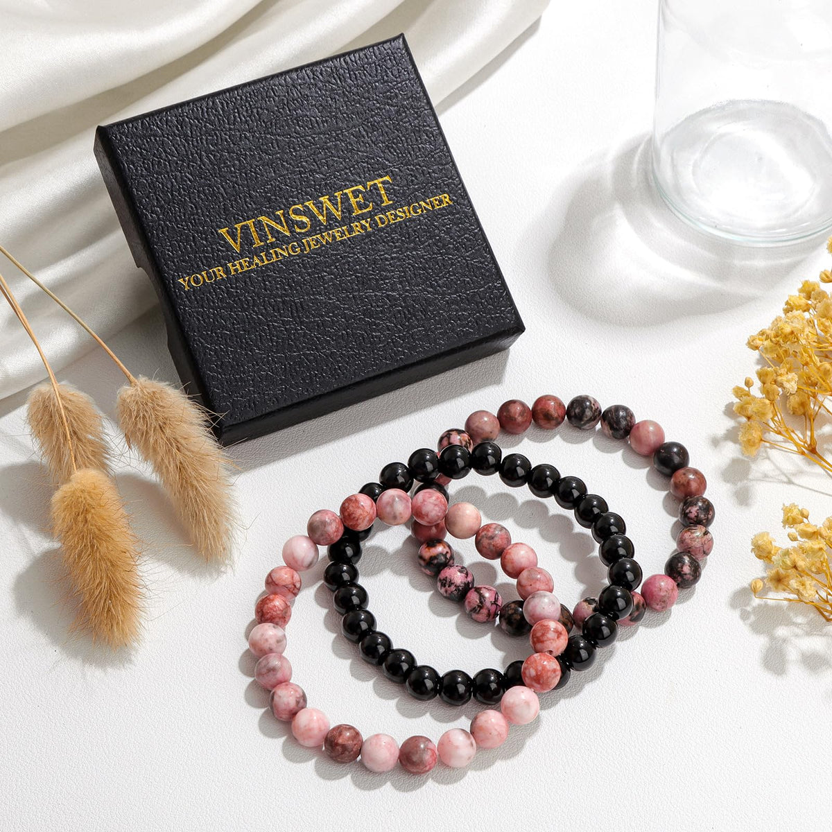 Vinswet Healing Crystal Bracelets for Women Men 8mm Zebra Stone Rhodochrosite Black Tourmaline Natural Stone Beaded Stretch Bracelet Handmade Gemstone Reiki Spiritual Jewelry Gifts