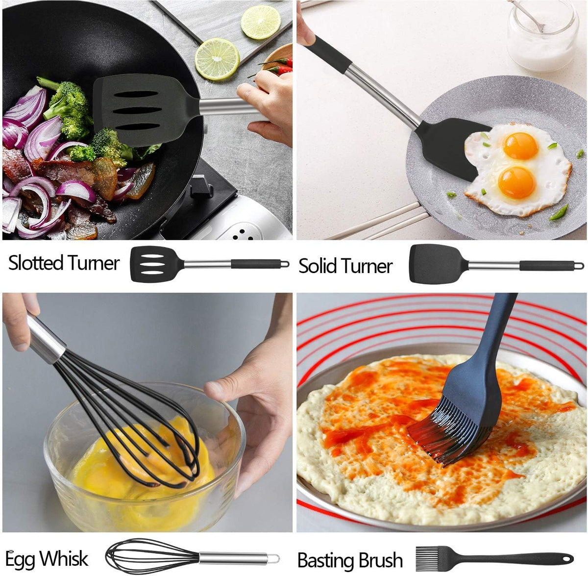 17-Piece Kitchen Utensils Set, Silicone Cooking Tools with Stainless Steel Handles, Heat Resistant Non-Stick Kitchen Set with Measuring Cups & Gadgets | SV Deals