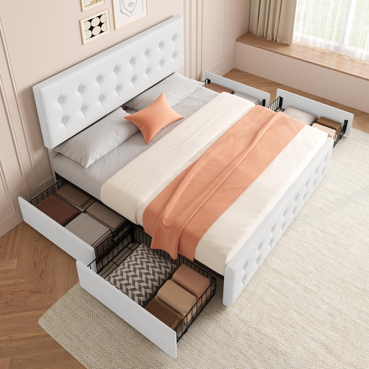 GarveeHome King Size Bed Frame with 4 Storage Drawers and Faux Leather Upholstered Headboard, Wooden Slats Support, Button Tufted Design, No Box Spring Needed, White