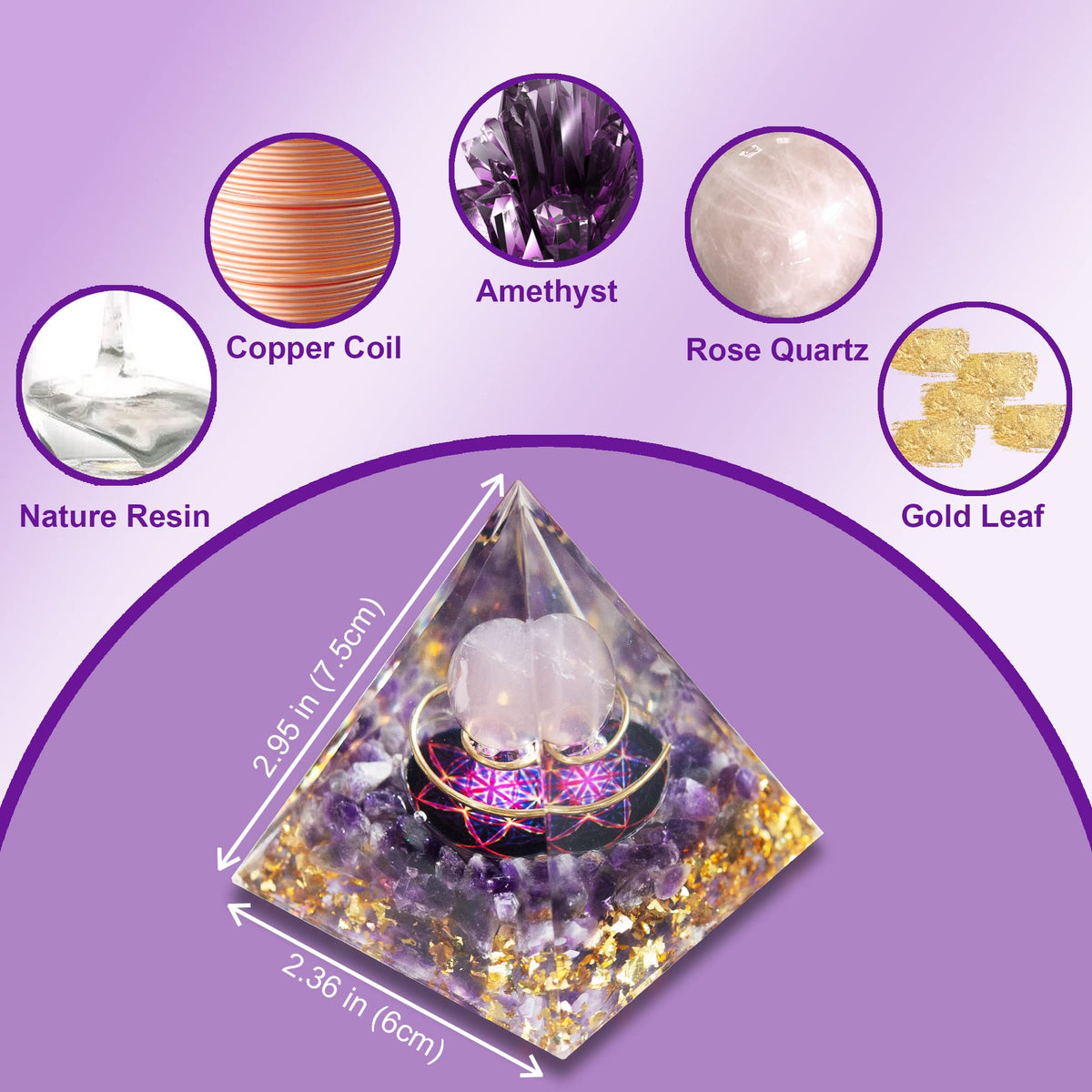 XQIGI Orgone Pyramid Crystal with Light Base, Orgonite Healing Meditation Reiki Stones Protection Amethyst with Copper for Anxiety Balance Anti-Stress Calmness Love (Moon)