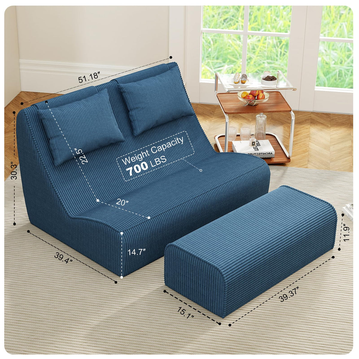 Giant Bean Bag Chair for Adults - Indoor Chaise Lounge with Pillows & Ottomans, Upholstered Loveseat Floor Sofa Chair for Reading, Gaming, Napping, and Movies (Royal Blue)