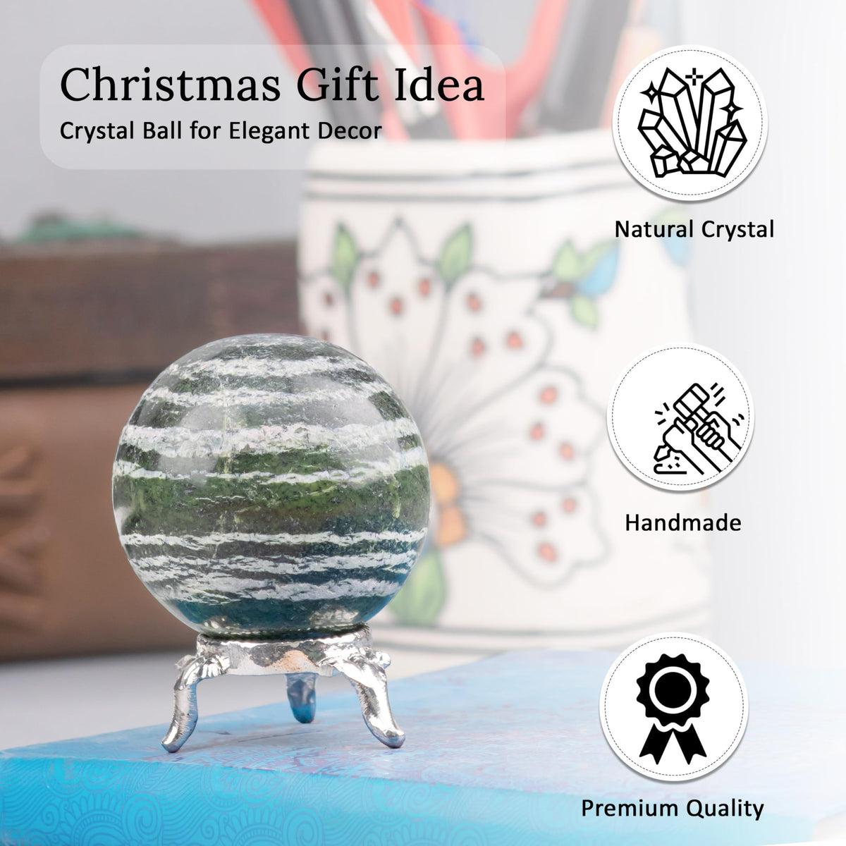 Crocon 45mm Swiss Opal Stone Sphere Ball with Metal Stand 1400+ Carats Gemstone Ball Healing Sphere Sculpture Figurine for Fengshui Divination Home Decoration Photography Crystal Sphere