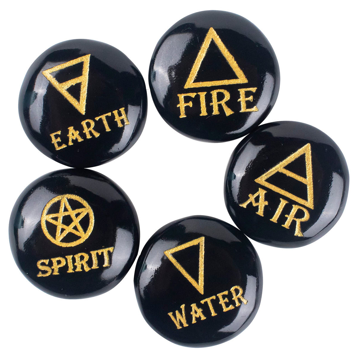 Crocon 5 Elements Black Tourmaline Stones Round Shape Engraved Triangle Symbols (Earth Air Fire Water Spirit) Polished Palm Stones Gemstone Reiki Crystals Healing Stones Meditation Divination Gifts