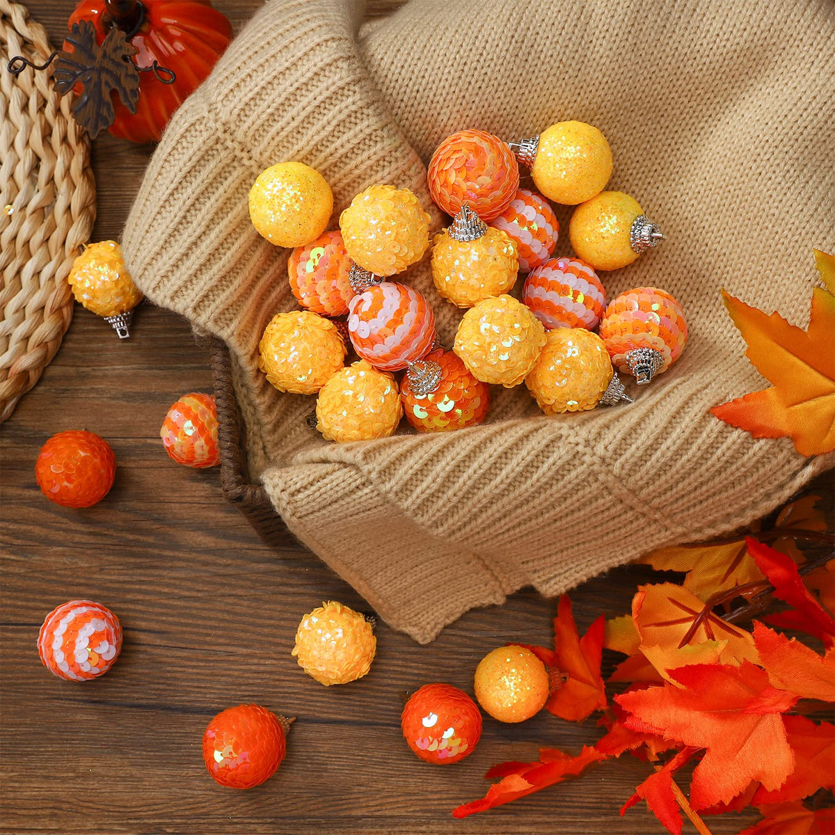 Sotiff 24 PC Mini Tree Ornaments Pumpkin Hanging Christmas Ornaments Glitter Foam Ball Fabric Wrapped Small Fake Pumpkins Mini Ball for Autumn Home Christmas Decors (Glitter)