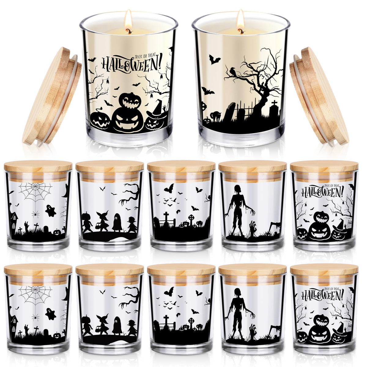 Ziliny 10 Pcs Halloween Village Glass Candle Jars Empty Containers Bulk 7 oz Halloween Glass Jars with Cork Lids Tins for Holiday Candle Making Storing Biscuits Tea Party Favors