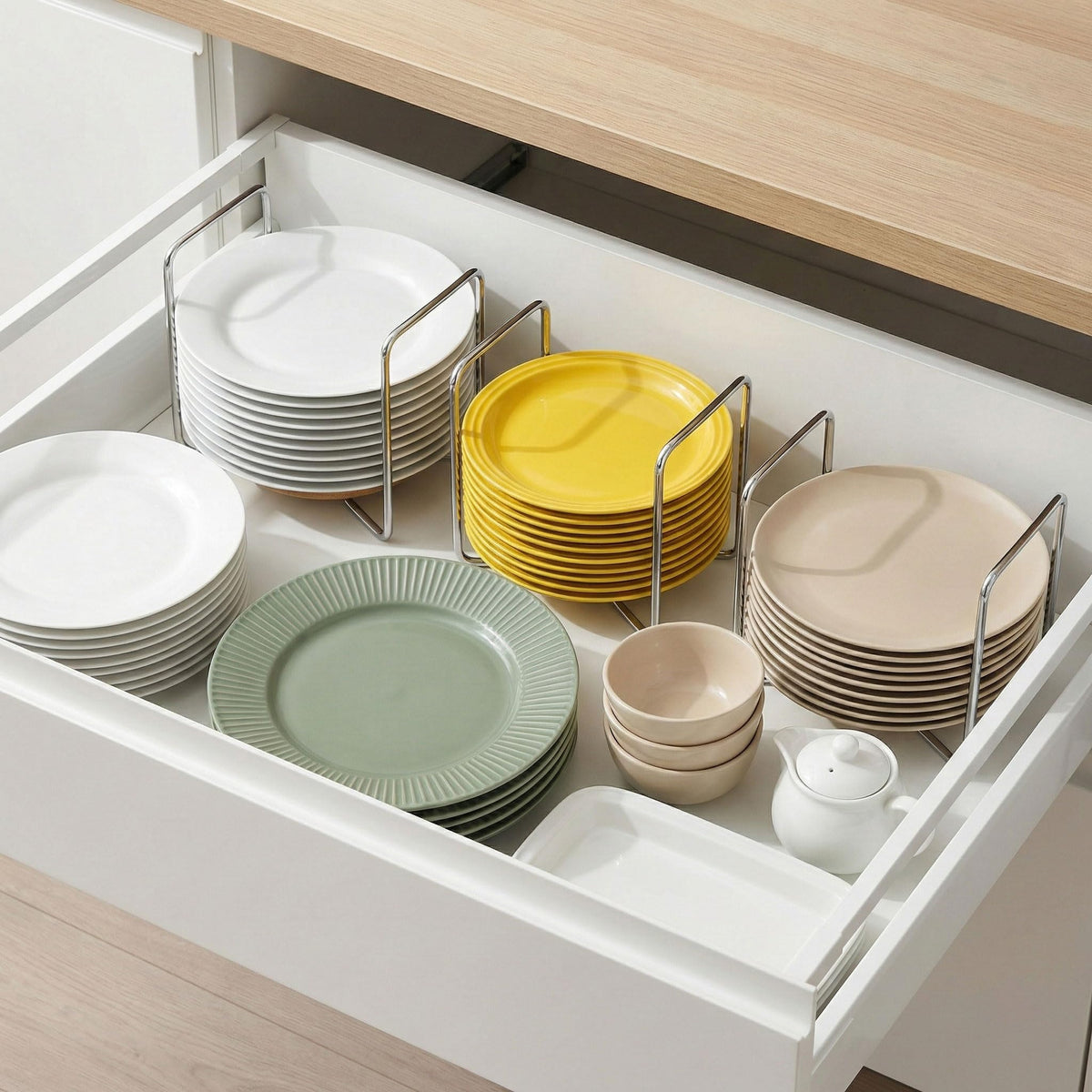Adjustable Dish Rack for Kitchen Counter - Bamboo Plate Holder Organizer for Cabinet Wooden Bowl Organizer Stainless Steel Plate Stand Storage for Kitchen Drawer Countertop Cupboard Shelf RV