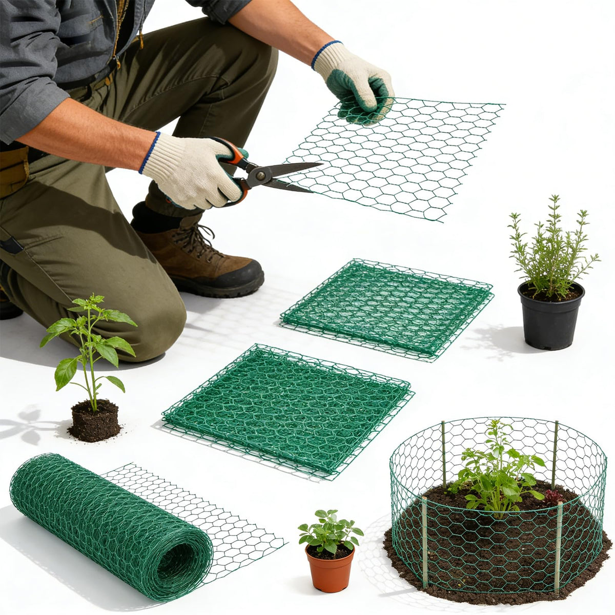 Chicken Wire Mesh Fencing16.4x0.98Ft with Zip Ties, Pliers, Stakes & Gloves - All-in-One Kit for Garden Fence, Floral Arrangements & Craft Projects