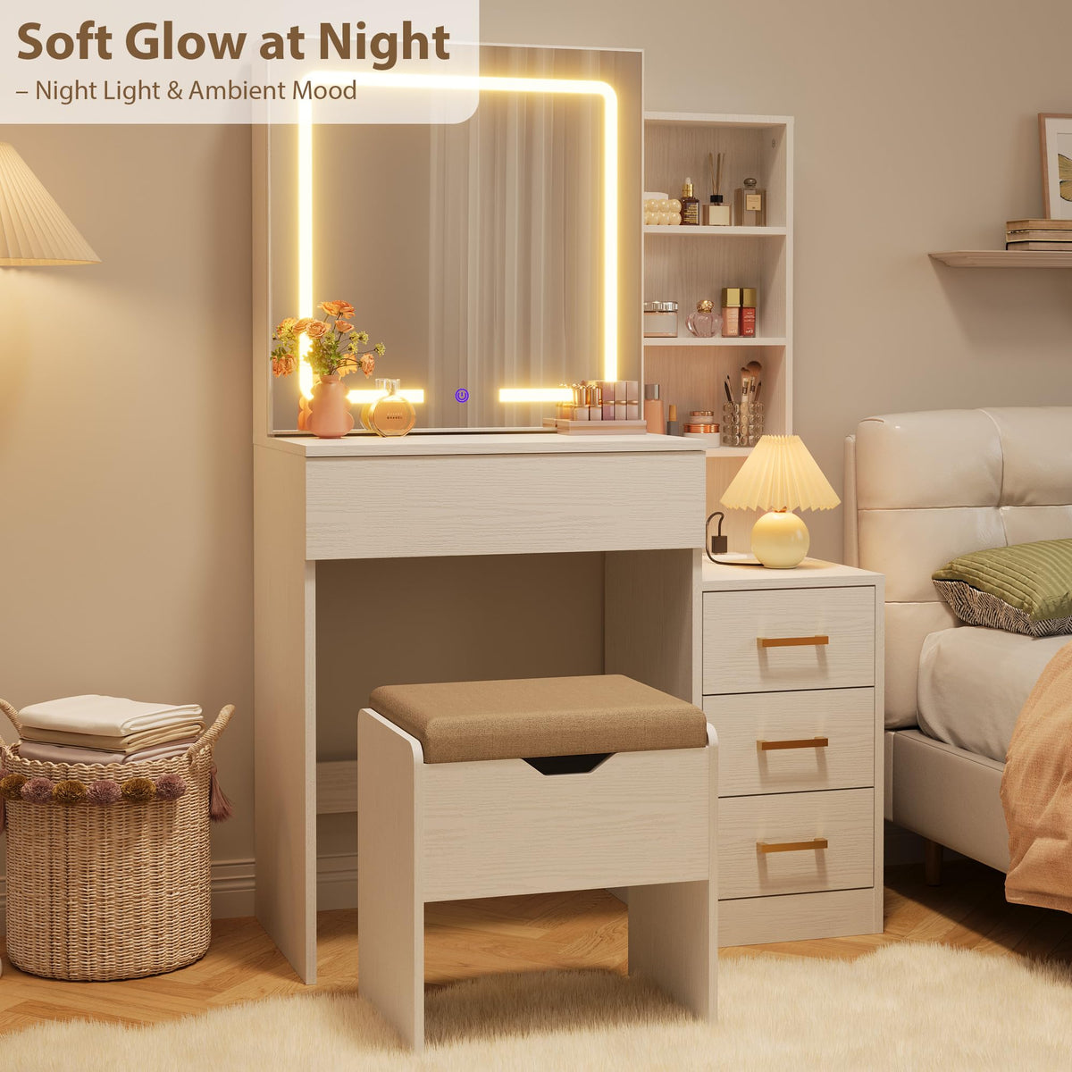 IDEALHOUSE Vanity Desk with Mirror and Lights, Vanity Table and Chair Set with 4 Drawers and Charging Station, Dresser LED Sliding Mirror with 3 Color Modes Adjustable Storage Shelves, White