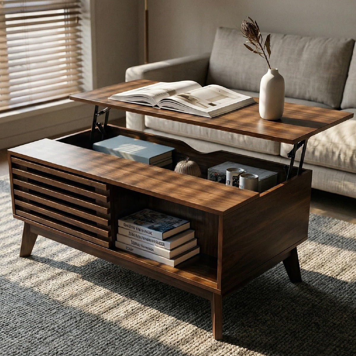 KEIKI Lift Top Coffee Table, Mid-Century Modern Tea Tables with Hidden Storage, Slatted Sliding Door Center Drink Desk w/Lifting Top, Accent Side Cafe Desks for Living Room, Easy Assembly, Walnut
