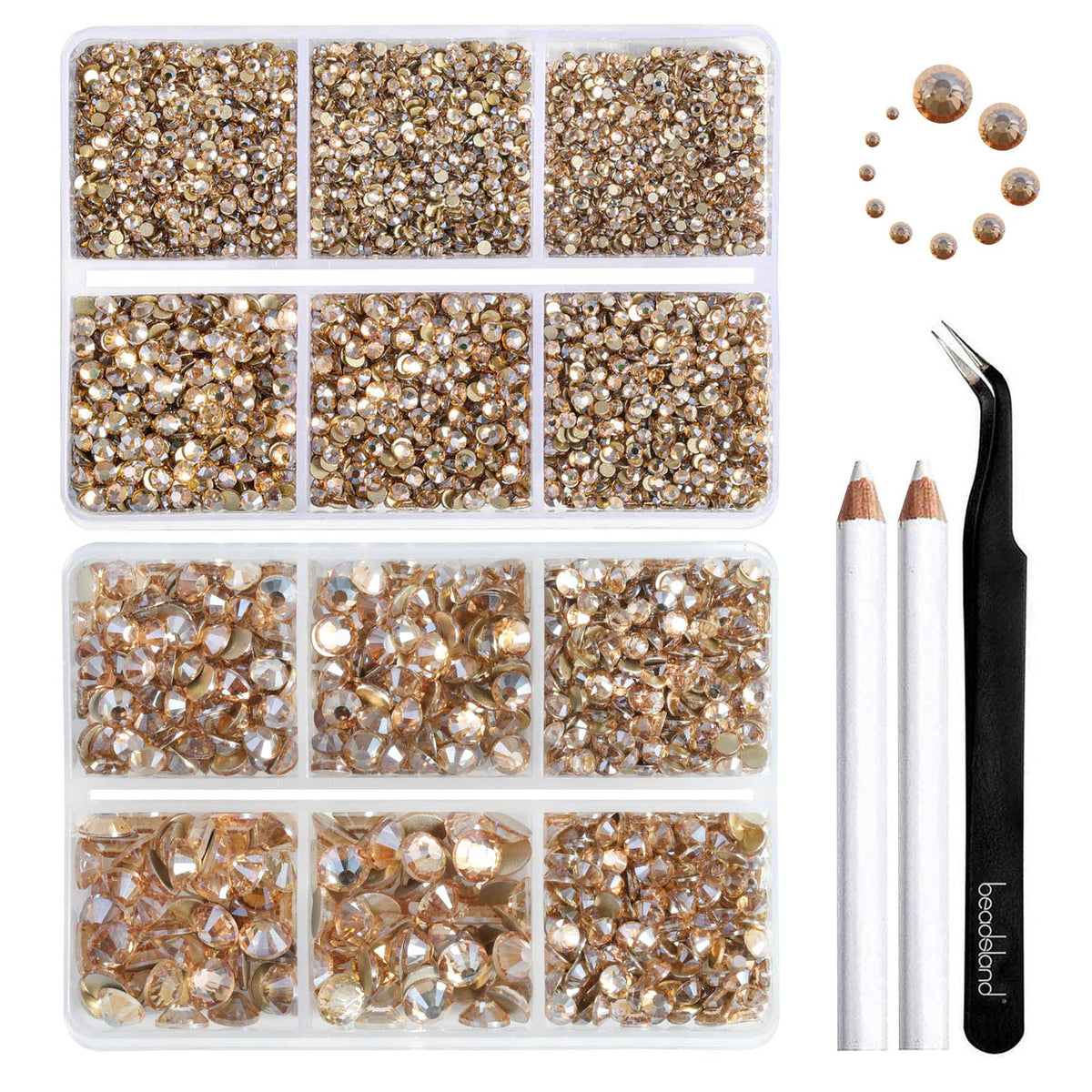 Beadsland 8300PCS Flatback Rhinestones, Gold Rhinestone Round Crystal Rhinestones for Crafts, Mixed 10 Sizes with Wax Pencil and Tweezer Kit, SS3-SS30, Golden Shadow