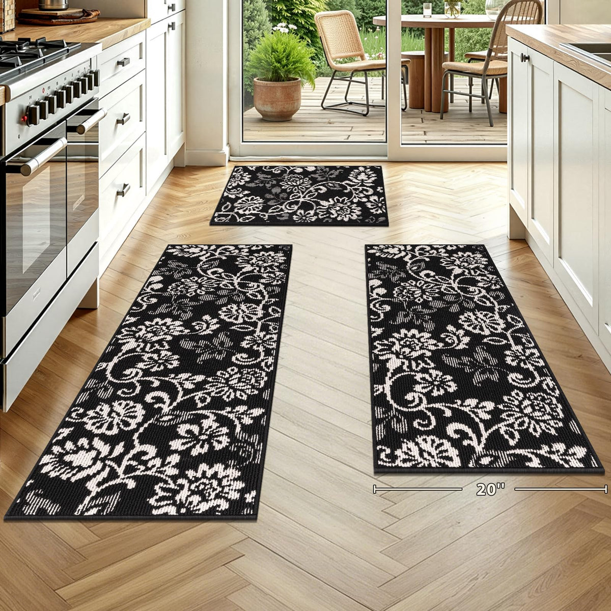 LOKHOM Boho Kitchen Rugs Sets of 3-Non Slip Stain Resistant Kitchen Mats for Floor, Paisley Floral Runner Carpet for Hallways Entryway Laundry Washable (Black & White 20"x32"+20"x48"+20"x59")