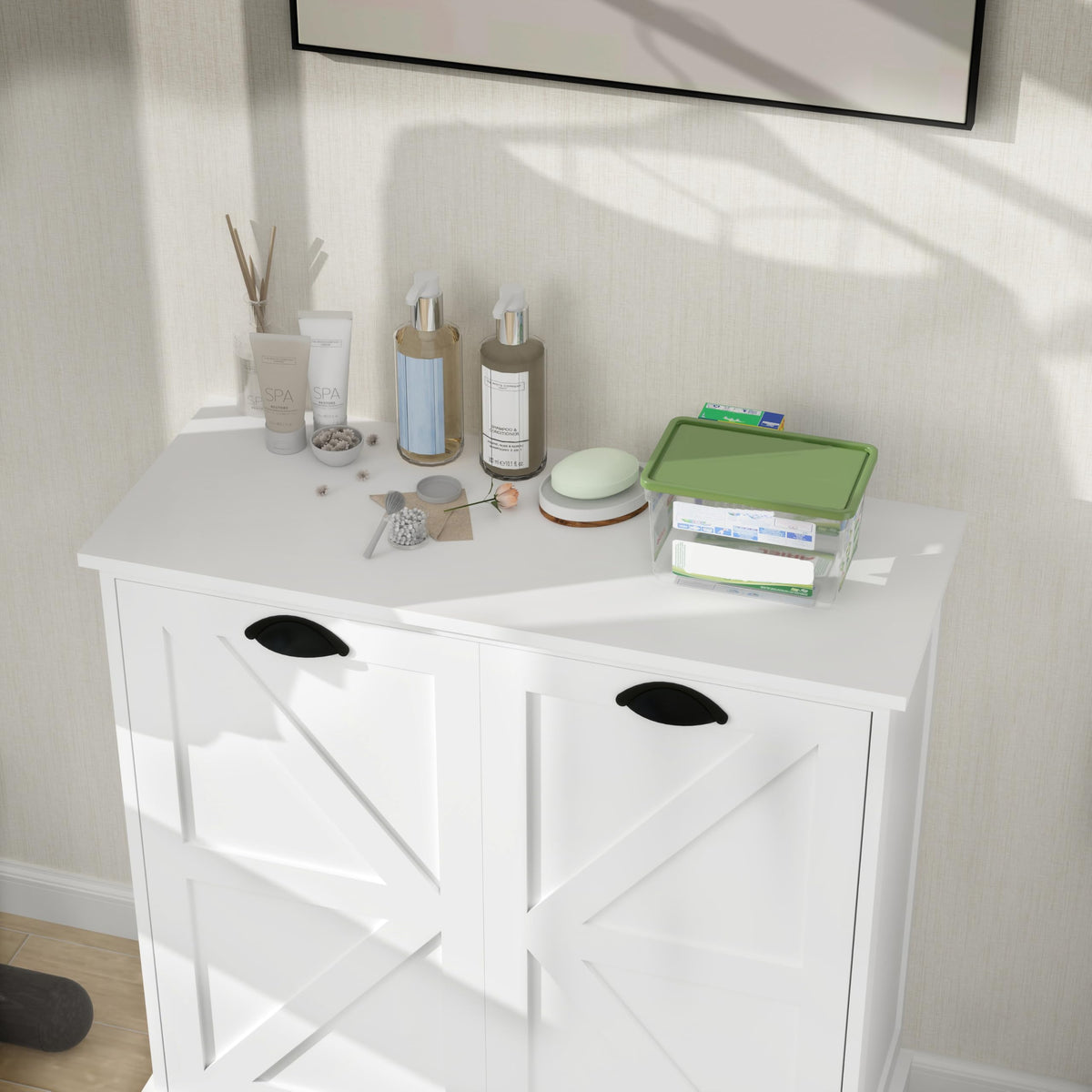 Two Compartment Tilt Out Laundry Sorter Cabinet White