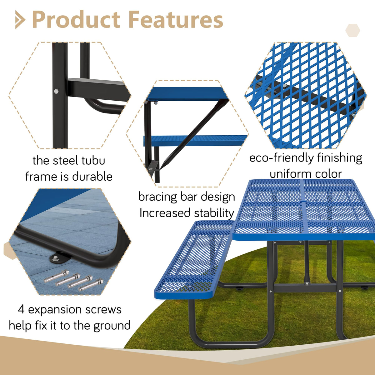 Dvasovio 72'' Rectangular Metal Picnic Table with 1.73" Umbrella Hole, Heavy Duty Steel Mesh Table Set, Weather Resistant Sturdy Outdoor Furniture, for Patio, Garden, Courtyard & BBQ, Blue