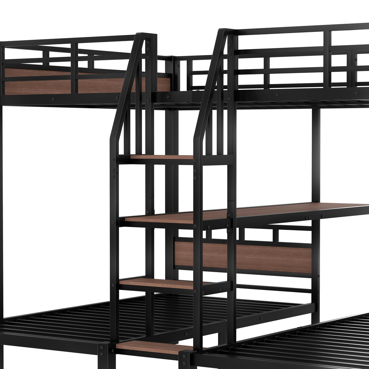 Bellemave Queen Over Twin & Twin Bunk Bed with Shelves, Metal Triple Bunk Beds with Safety Guardrails and Underbed Storage, Heavy-Duty 3 Bunk Beds for Kids, Teens, Adults, No Box Spring Needed, Black