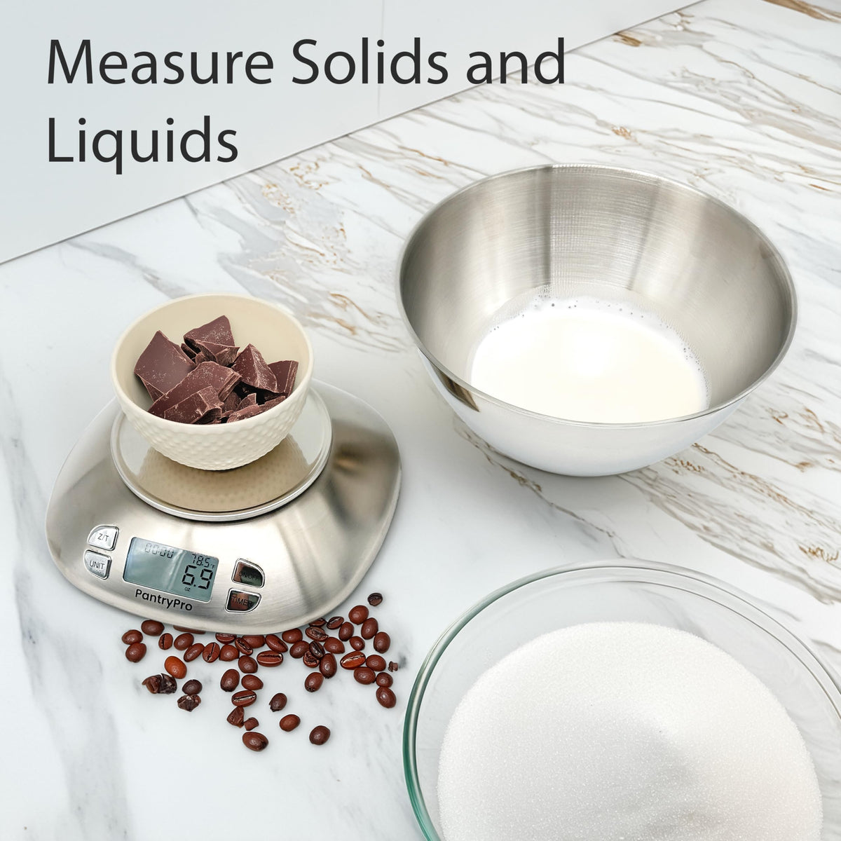 Stainless Steel Digital Kitchen Scale w. Bowl - for Food Coffee Lab - LCD Display gram Ounces lb:oz lb ml - 12 LBS/5.5 KG Capacity - Battery Included - Gold by The Display Guys