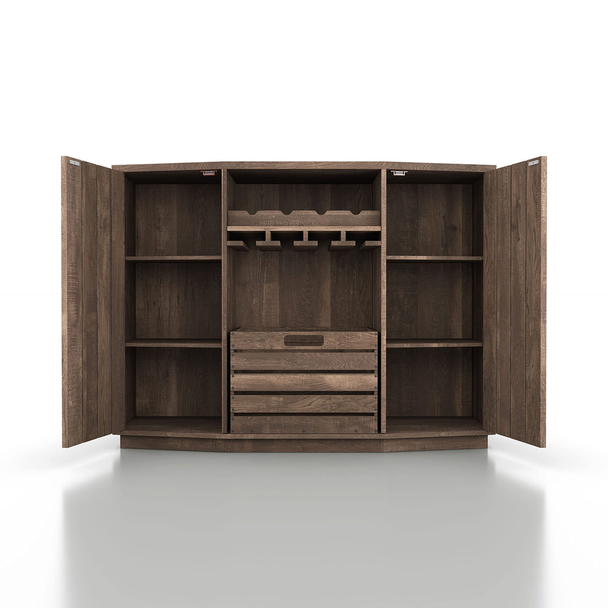 Homes: Inside + Out Lopez Farmhouse 2 Side Cabinets, 3 Shelves 48 in. Buffet with Removable Crate and Four Bottles Wine Rack, Sideboard for Kitchen, Dining Room, Reclaimed Oak Brown