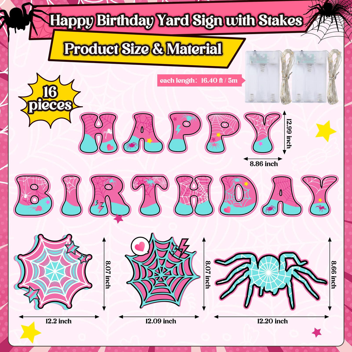BrightRow 16 Pcs Spider Birthday Decorations Happy Birthday Yard Signs with Stakes and Lights 13" Weatherproof Yard Sign for Halloween Theme Outdoor Lawn Decor