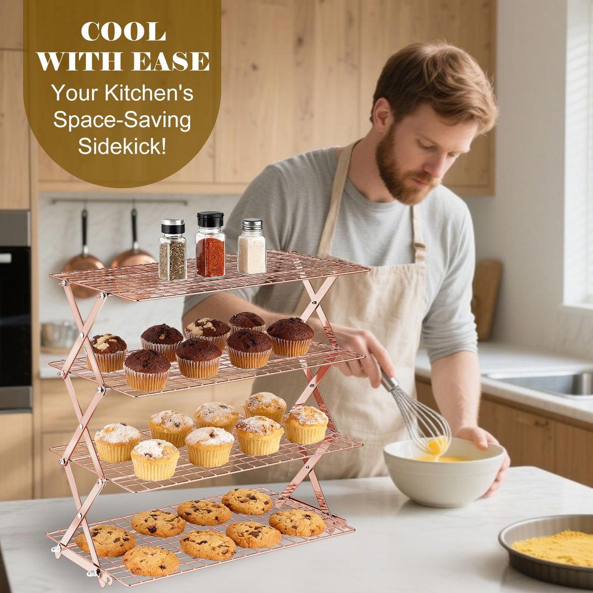 BEWOS 4 Tier Collapsible Cooling Rack - Adjustable Stainless Steel Baking Rack with Mesh Leak Proof，Foldable X-Shaped Structure Cooling Racks for Cooking and Baking, Dishwasher Safe（ Rose Gold）
