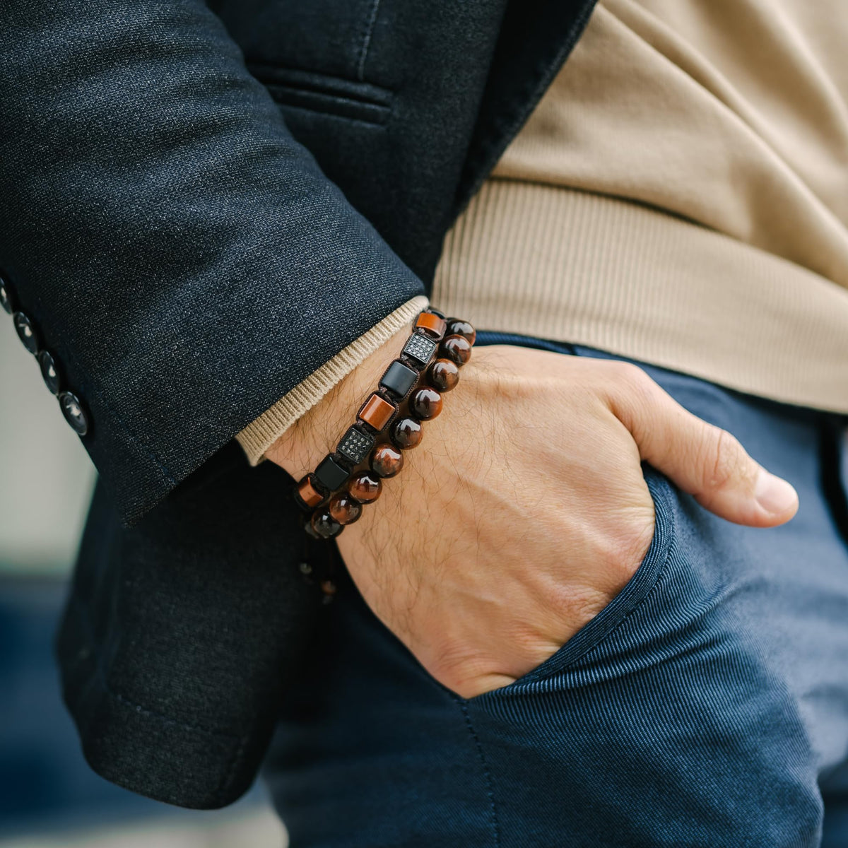 Flat Bead Bracelet, Red Tiger Eye Gemstone Adjustable Bracelets for Men - Beaded Energy Bracelet for Confidence and Passion, Handcrafted Men's Jewelry Gifts for Men
