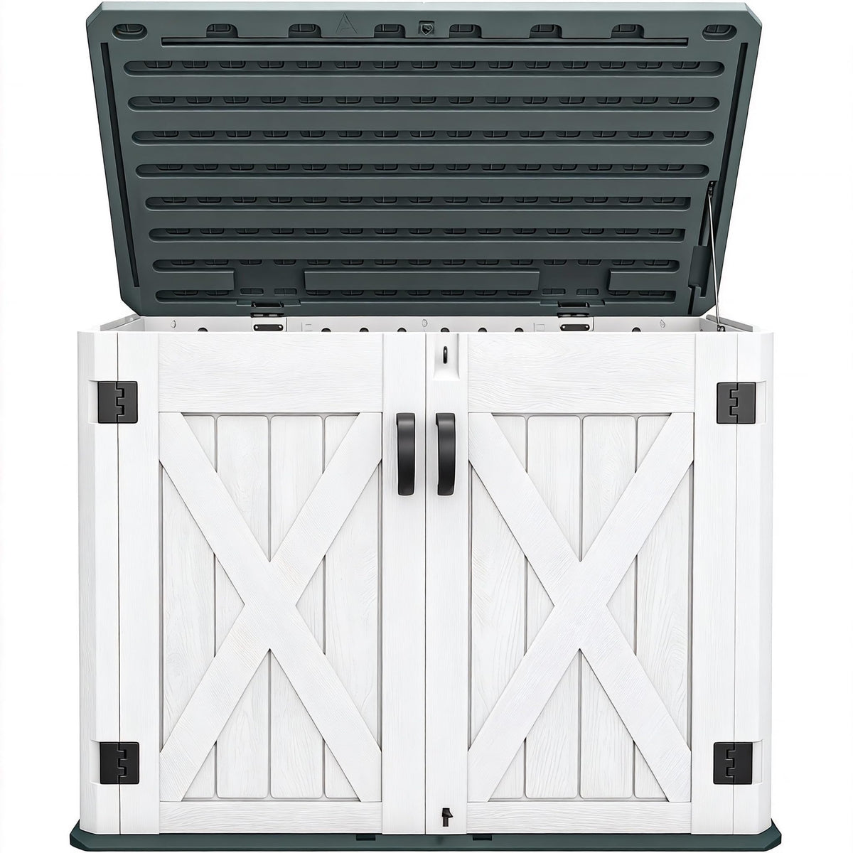 DWVO Outdoor Storage Shed, Weatherproof Resin, 35 Cu Ft Capacity, Horizontal Design, X-Shaped Lockable Door, Suitable for Bike, Garden Tools, Trash Cans, Light Gray