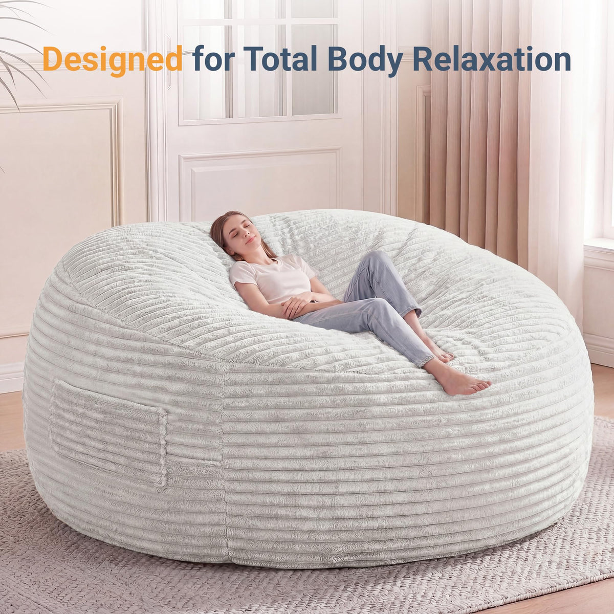 Claiks 8 Ft Giant Foam Bean Bag Chair, Oversized Couch with Removable Cover, Soft Plush Bean Bag Chairs for Adults and for Kids Teens Adults in Living Room, Beige