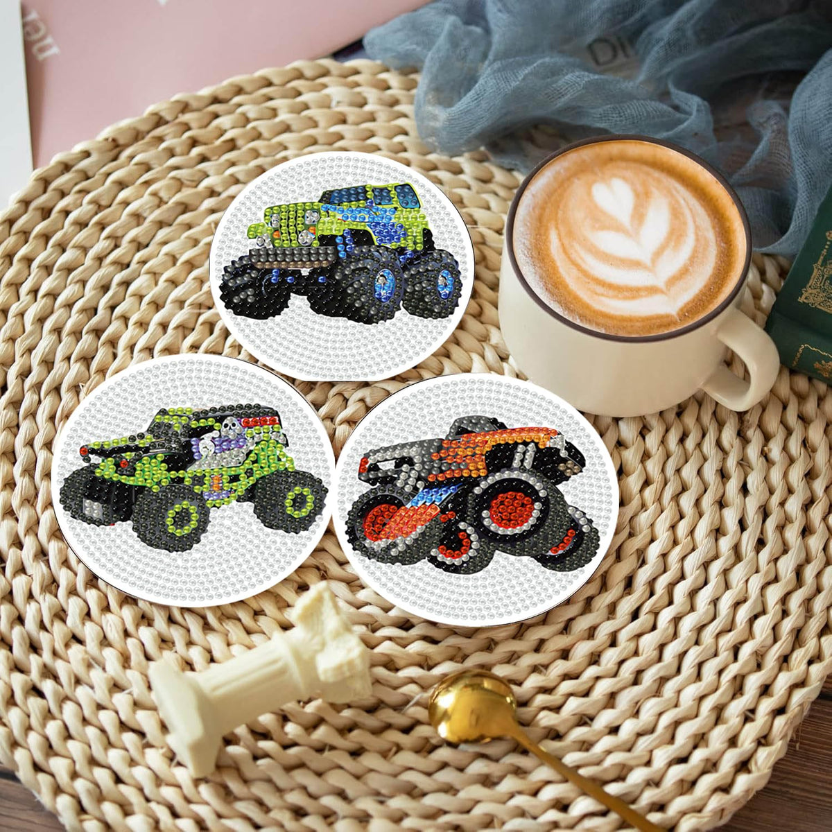 Trucks Diamond Art Painting Coaster Kit, 12 Pcs DIY Crafts Kit with Holder, Non Slip Coaster Art Supplies Full Drill Crafts for Gem Art Dot Art for Adults, Home Wall Decor for Teens Boys Girls