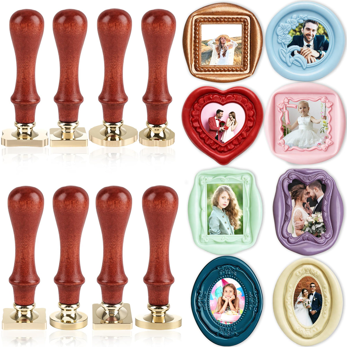 8 Set Frame Wax Seal Stamp Kit 8 Pcs Brass Wax Seal Head 8 Pcs Wood Handle Vintage Photo Frame Stamp for Wedding Invitations Scrapbooking Letters