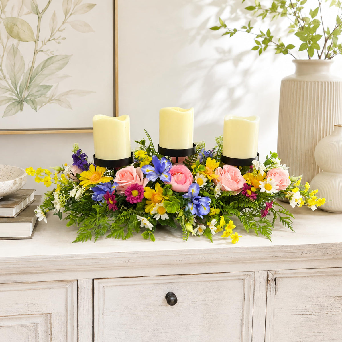 Lnymura 24" Spring Summer Floral Candle Holder Centerpiece for Table Decor