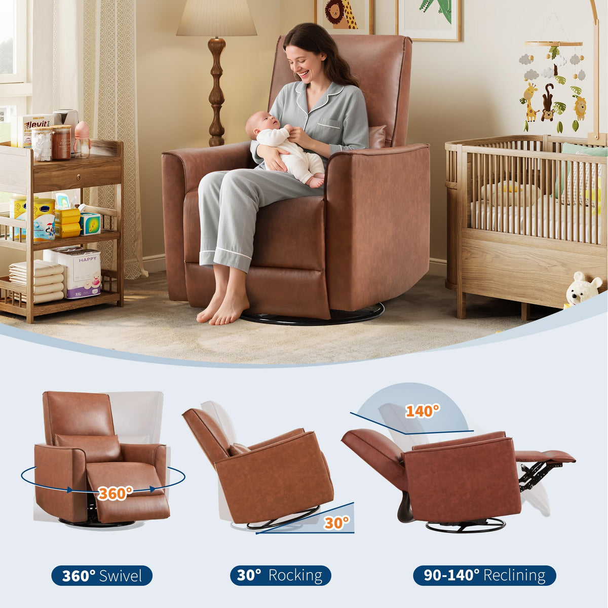 IDEALHOUSE Swivel Rocking Nursery Recliner Chair Rocker Recliner Glider Deep Seat PU Leather Sofa Chair with high Backrest for Nursery, Living Room, Bedroom & Home Movie Theater (Chocolate)