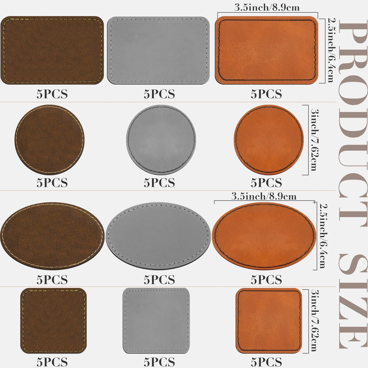 Dunzy 60 Pcs Blank Leatherette Hat Patches Laserable Leatherette Patch Iron on Heat Press with Adhesive Leather Patches for Hats Clothes Repair(Khaki, Golden Brown, Gray,3.5 x 2.5 Inches)