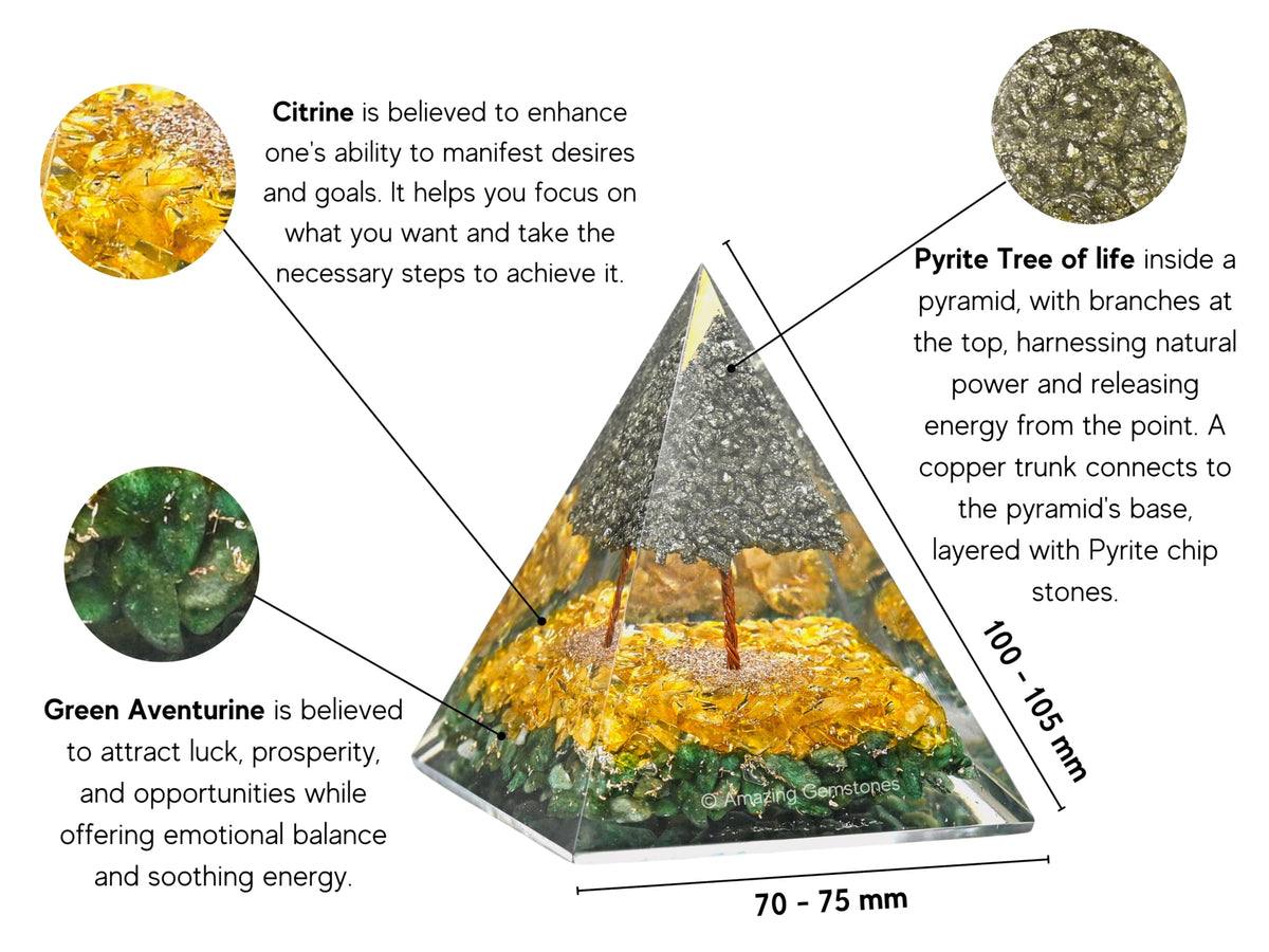 Amazing Gemstone Orgone Pyramid for Money with Pyrite Crystal Tree, Citrine and Green Aventurine Crystals and Healing Stones - Authentic Orgonite & Organite Gifts to Atrract Money Abundance Wealth