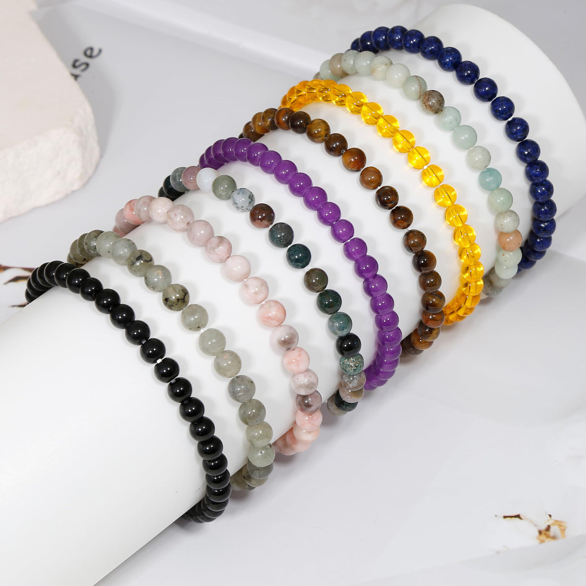 BOMAIL 9pcs Healing Stone Bead Bracelet for Women 6mm Natural Stone Beaded Bracelets Set Gemstones Spiritual Crystal Beads Stretch Bracelets with Meaning Card A Style