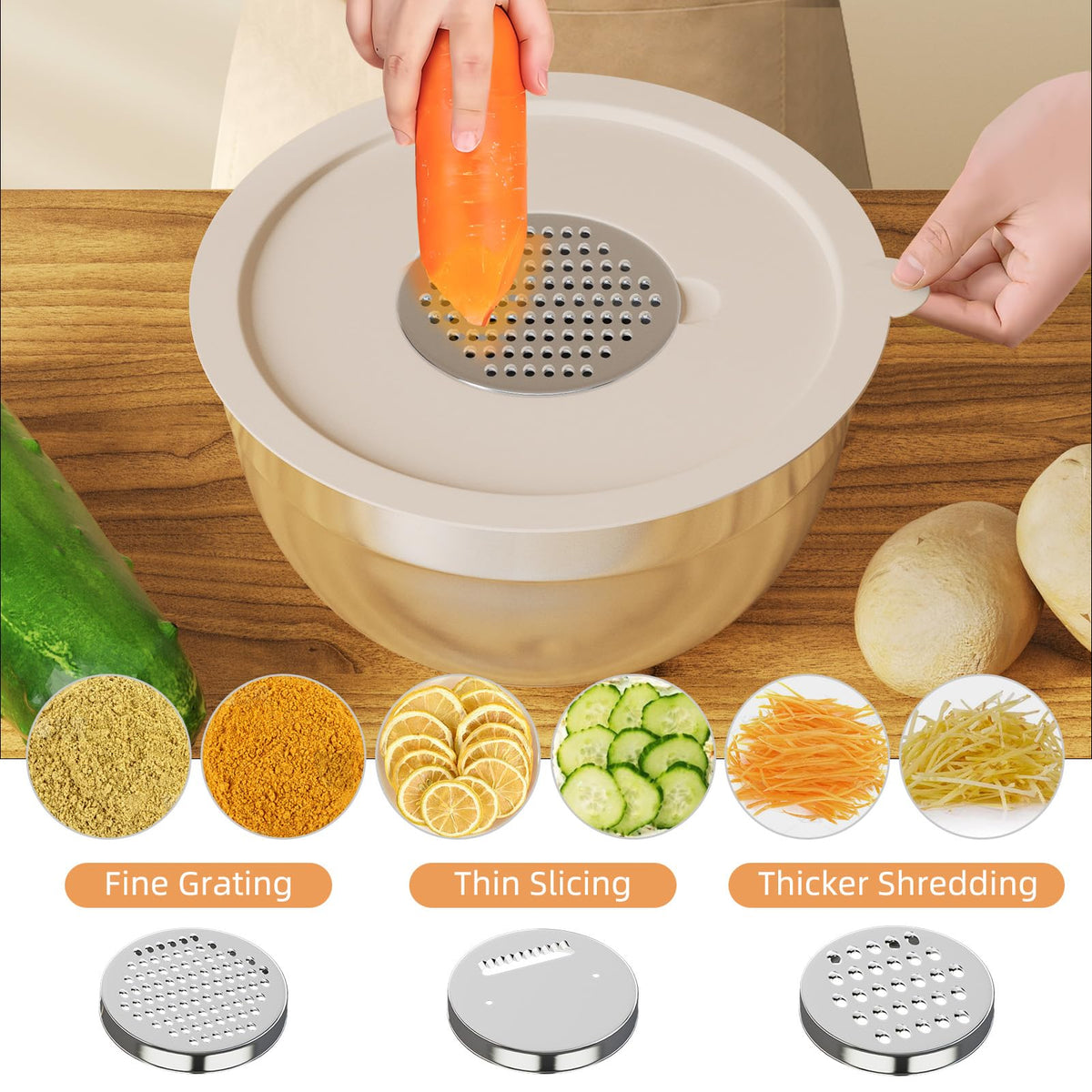 Fyrnova Mixing Bowls with Lids Set, 6 Piece Stainless Steel Nesting Storage Bowls for Kitchen, with 3 Grater Attachments & Non-Slip Bottoms, Size 5.5,3.5,2.5,2.1,1.5,1.1 QT