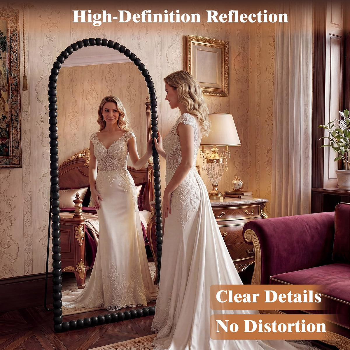 FlyEcho Arched Full Length Mirror, 71"x28" Antique Beaded Full Body Mirrors, Large Floor Mirror with Stand, Hanging Mounted for Bedroom Living Room Cloakroom Hallway Decor, PU Frame, Black