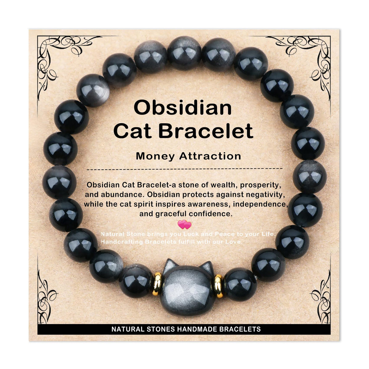 AD Beads 8mm Handmade Obsidian Cat Bracelet Elastic Bracelet – Natural Gemstone for Money Attraction – Meditation, Yoga, Healing and Energy Gift for Men Women