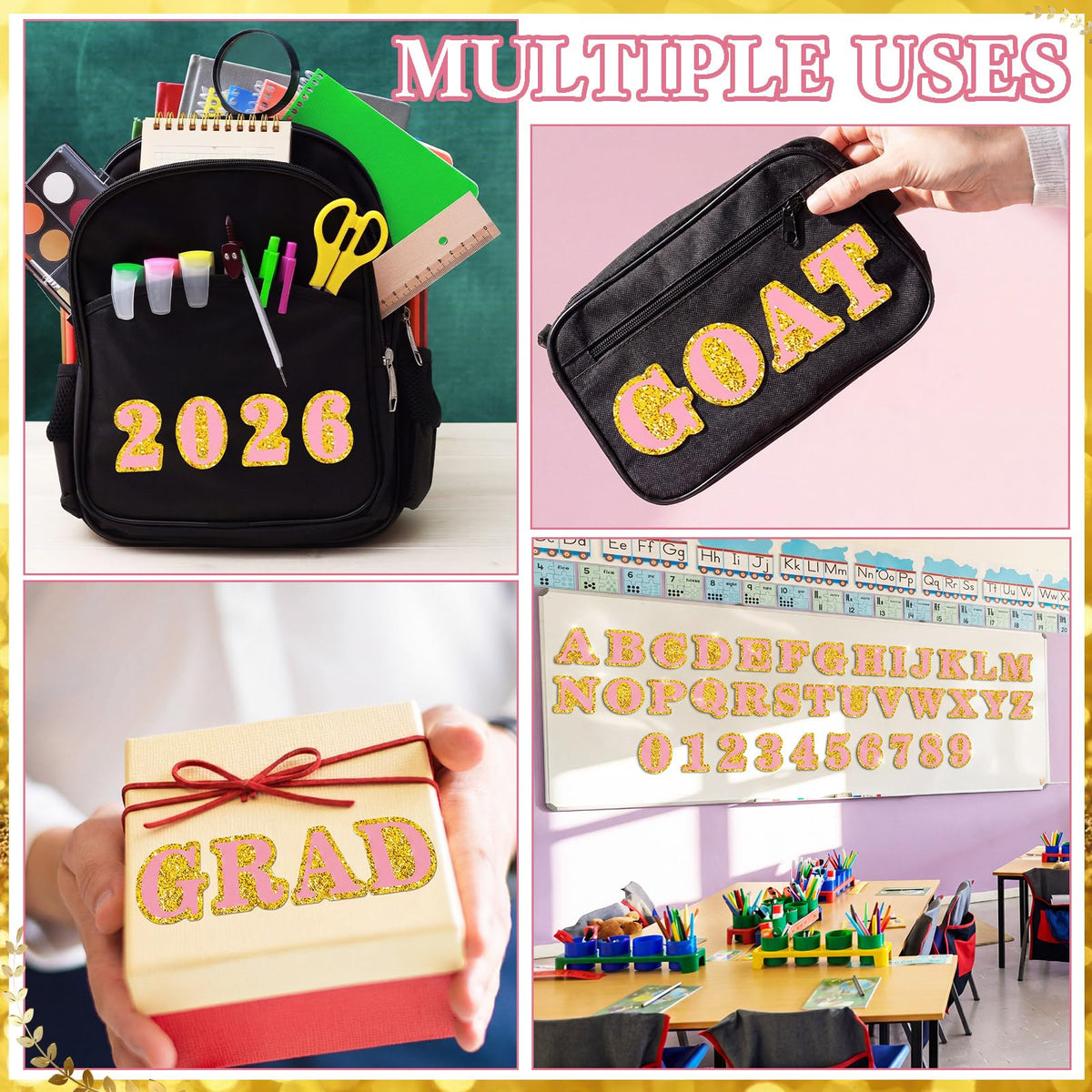 FunooFuno 72 Pcs Glitter 2026 Graduation Letters Numbers Cardstock Shiny Crafts Alphabet with Adhesive Dots for Graduation Trifold Photo Board Grad Leis Homecoming Mums DIY Supplies(Pink Gold)
