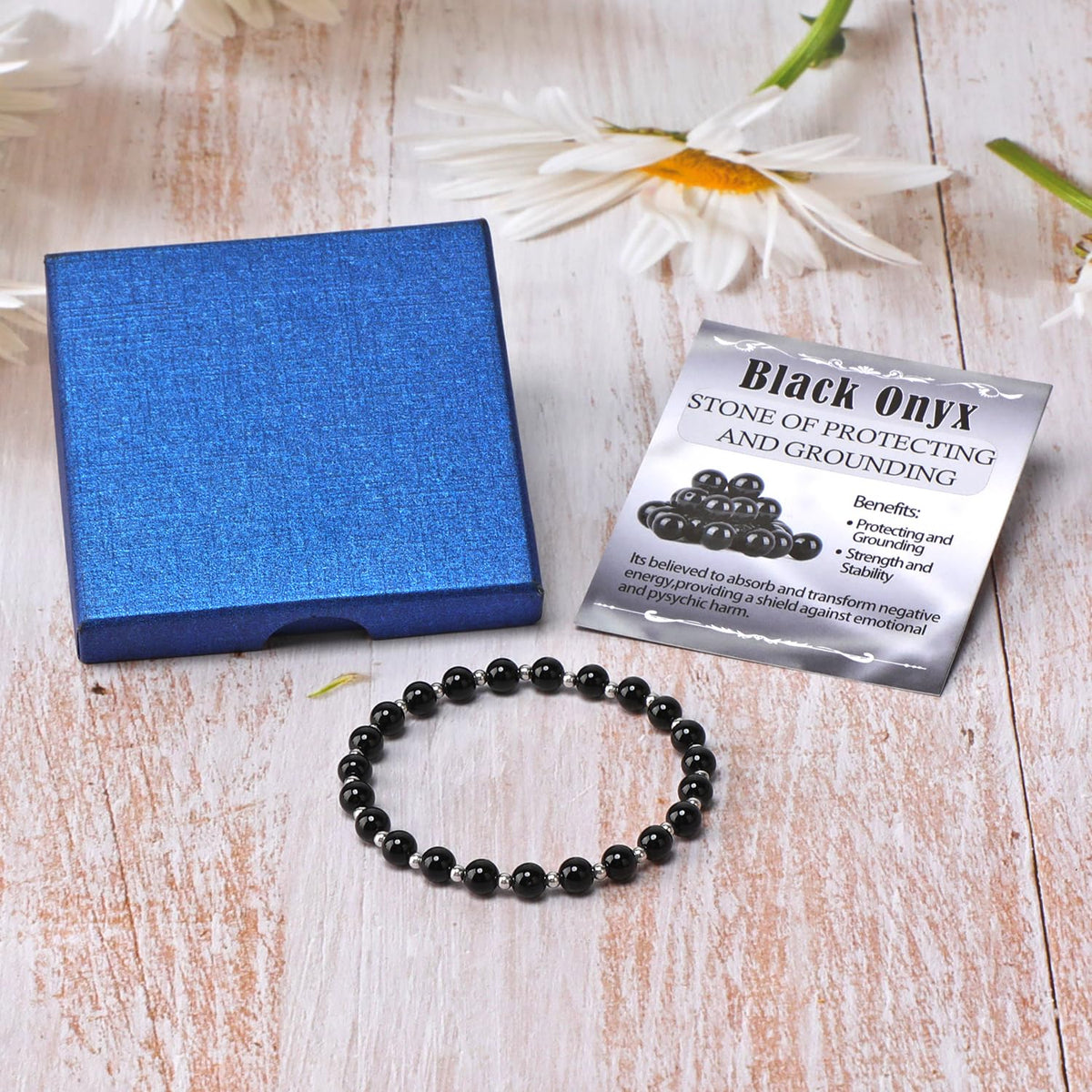 QOGIR Black Onyx - Protecting and Grounding - Stainless Silver Beads Natural Gemstone Stretch Elastic Dainty Healing Beaded Bracelets Gifts 6mm