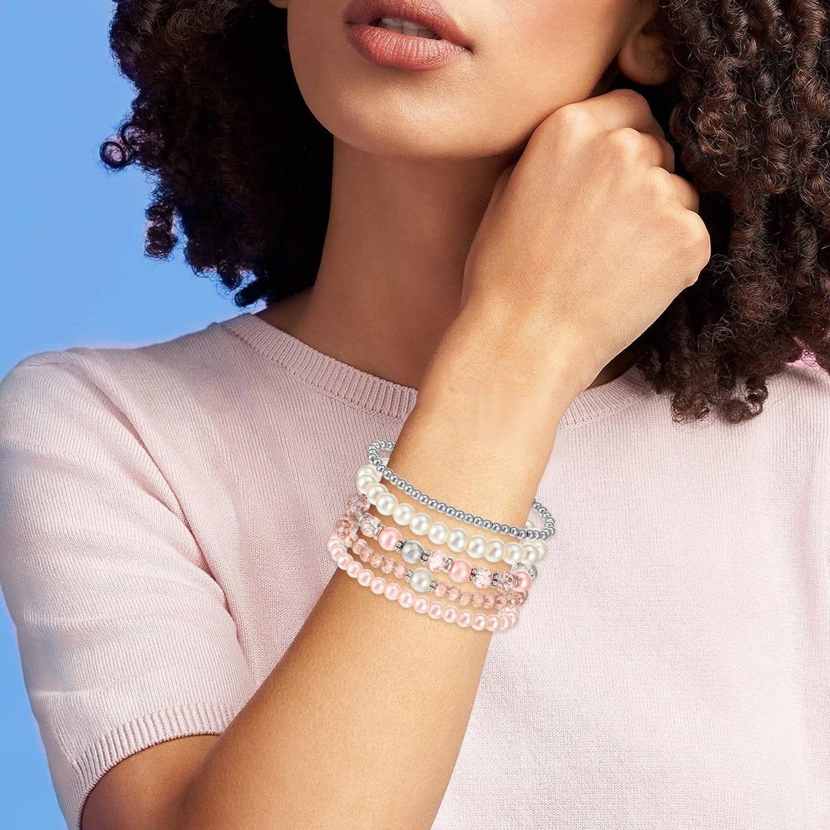 DIVINA VITAE 5 Pcs Beaded Stretch Bracelets Pink Stackable Bracelets Boho Beaded Bracelet Stretch Layering Crystal Stone Bead Bracelet Trendy Costume Jewelry Gifts for Women
