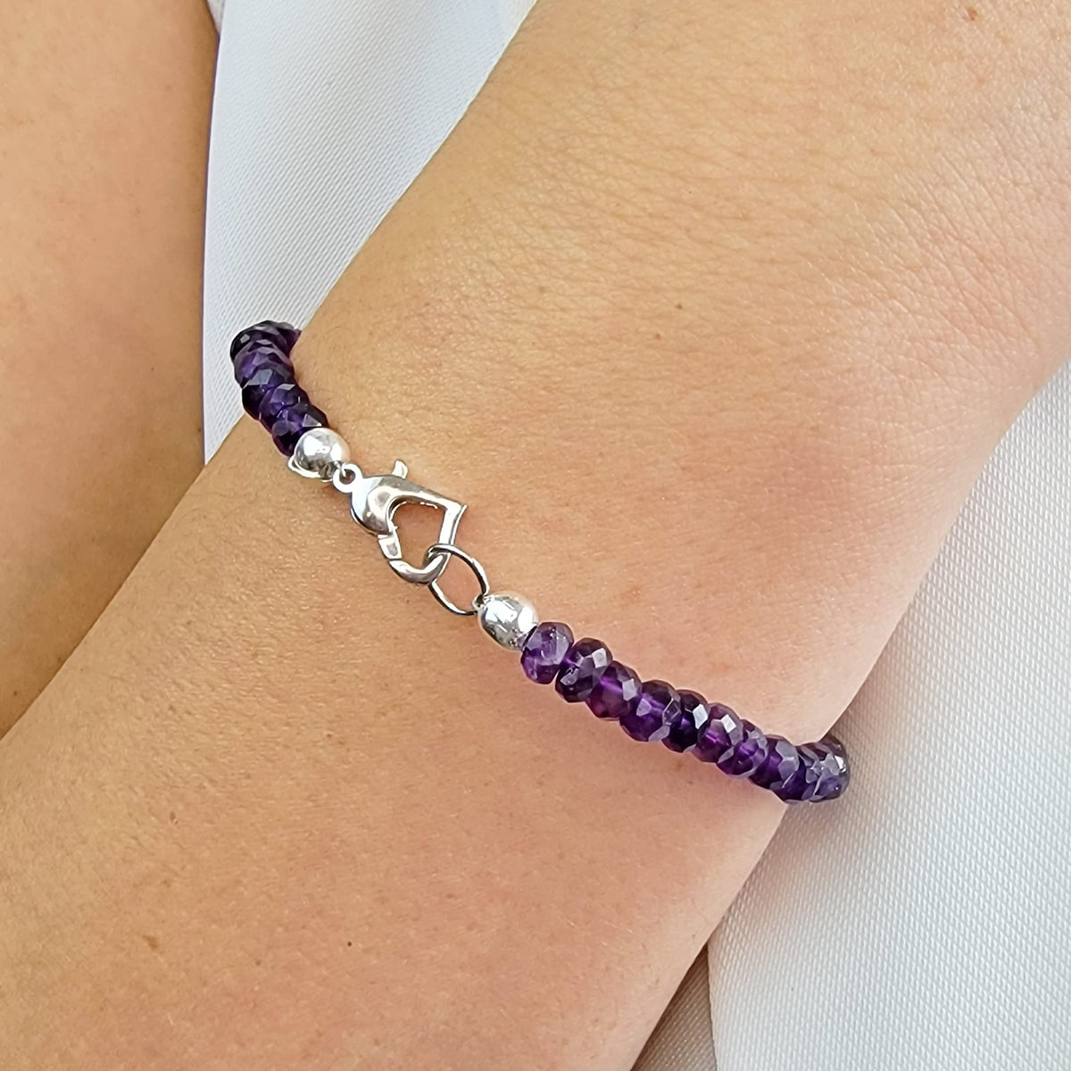 Genuine gemstone strand heart bracelet with 925 sterling silver lobster clasp, customized size bracelet birthstone gift for men and women, Uniquelan jewelry (Amethyst, 6 inches)