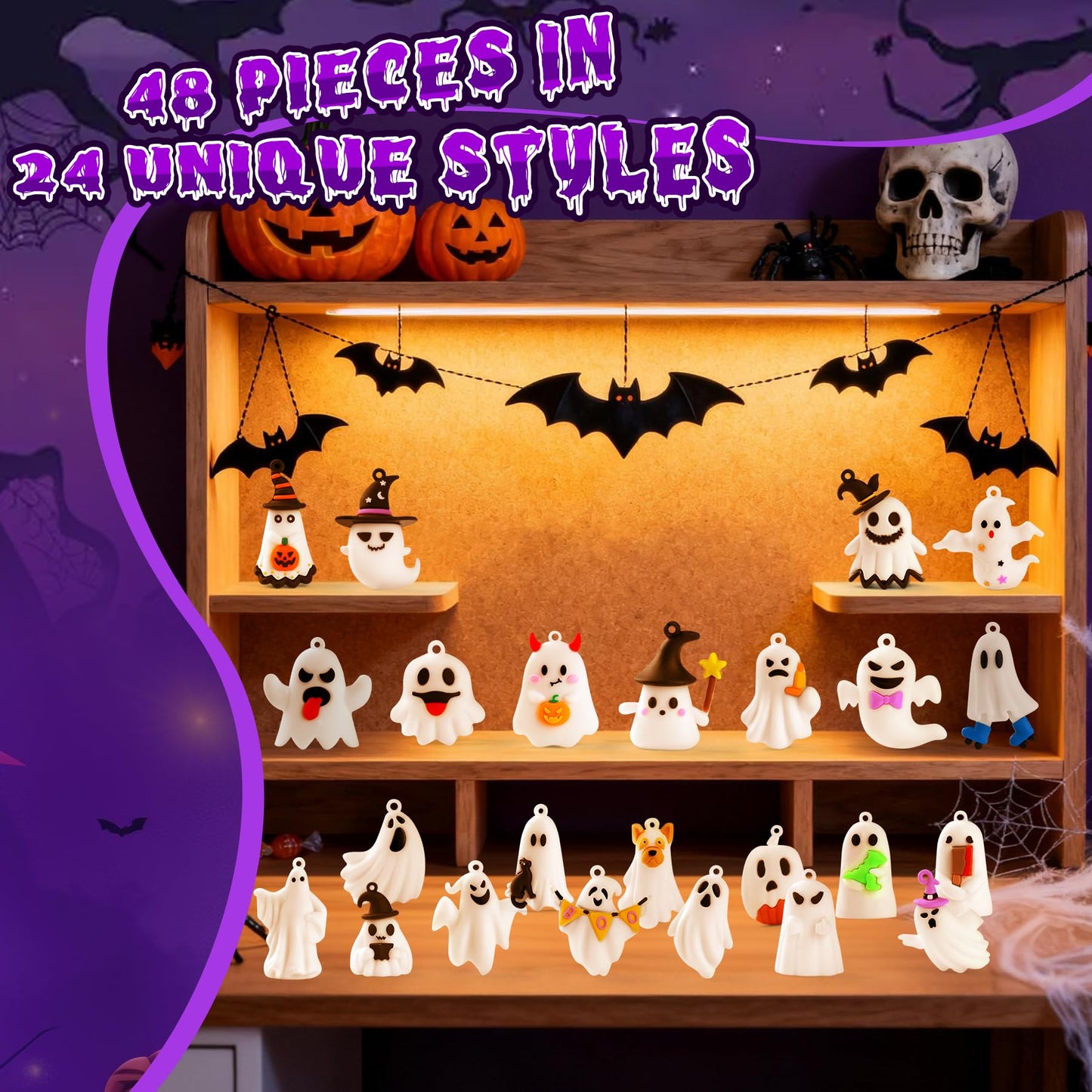 compareye Ghost Figures 48 Pcs - Halloween Party Favors, 1.6" Mini Ghost Figures for Dollhouse Decor, Trick or Treat Gift for Kids Gifts for Boys, Girls, Teens