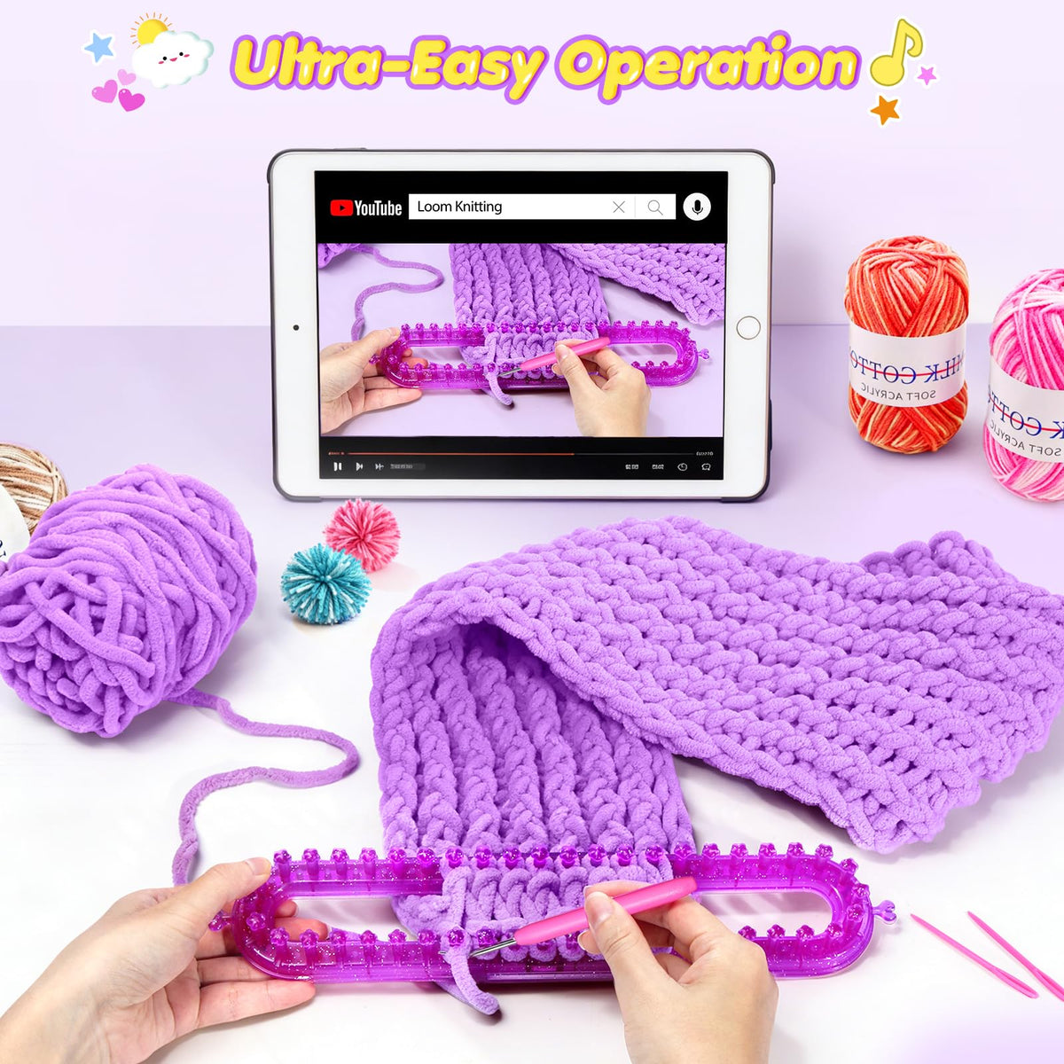 MIAOKE Weaving Loom Kit for Scarf with Pompom Maker, Long Knitting Loom Includes Storage Bag, Binding Needles, Yarn and Crochet Hooks, for Making Hats,Gloves and Blanket,DIY Craft Kit for Beginners