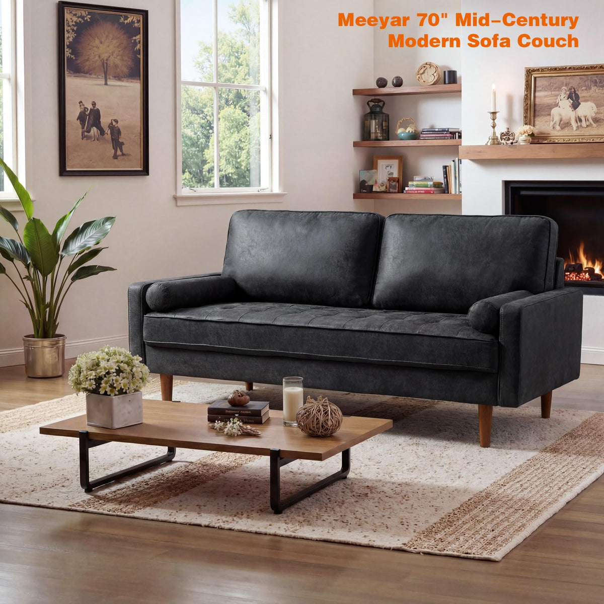 Meeyar 70" Mid-Century Modern Sofa Couch – Faux Leather Loveseat Sofa with Deep Seat & Solid Wood Frame – Includes 2 Accent Pillows – Black Living Room Bedroom Office (Black, 70 inches)