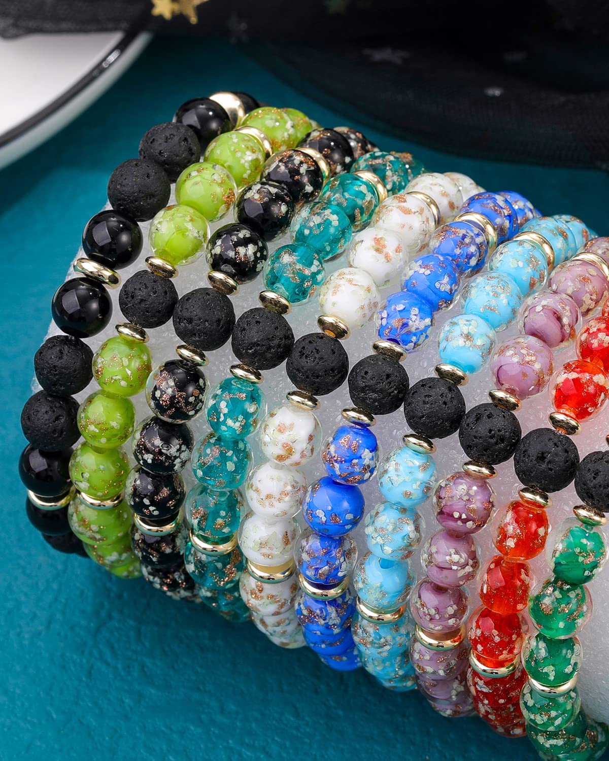 Dayka Stress Relief Spiritual Anxiety Meditation Relaxation Mindfulness Chakra Healing Crystals Essential Oil Glow Bracelets Gifts for Teen Girls Women (8mm, Red lava bracelet)