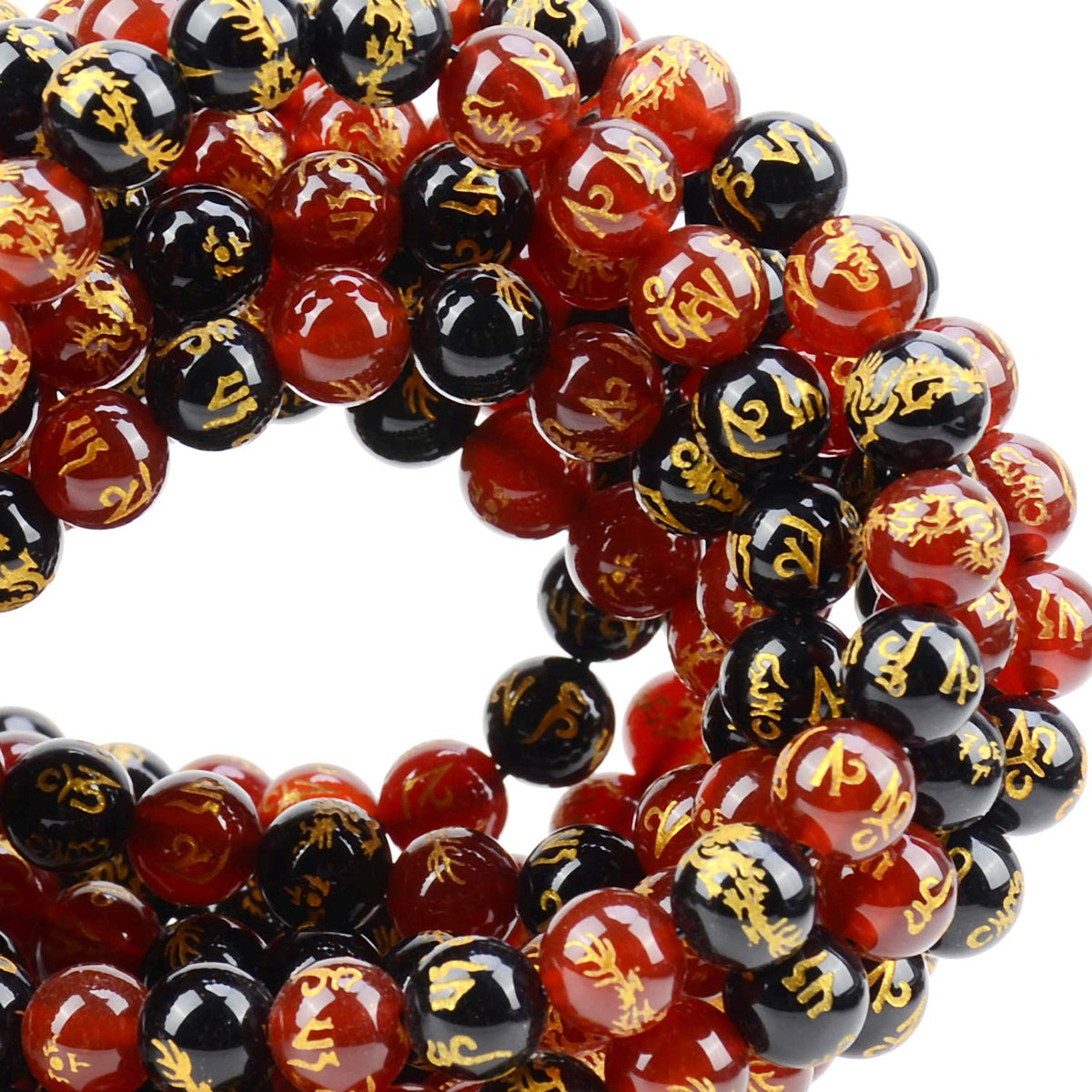 100Pcs Natural Crystal Beads Stone Gemstone Round Loose Energy Healing Beads with Free Crystal Stretch Cord for Jewelry Making (Craved Dragon Mantra Red Black Agate, 8MM)
