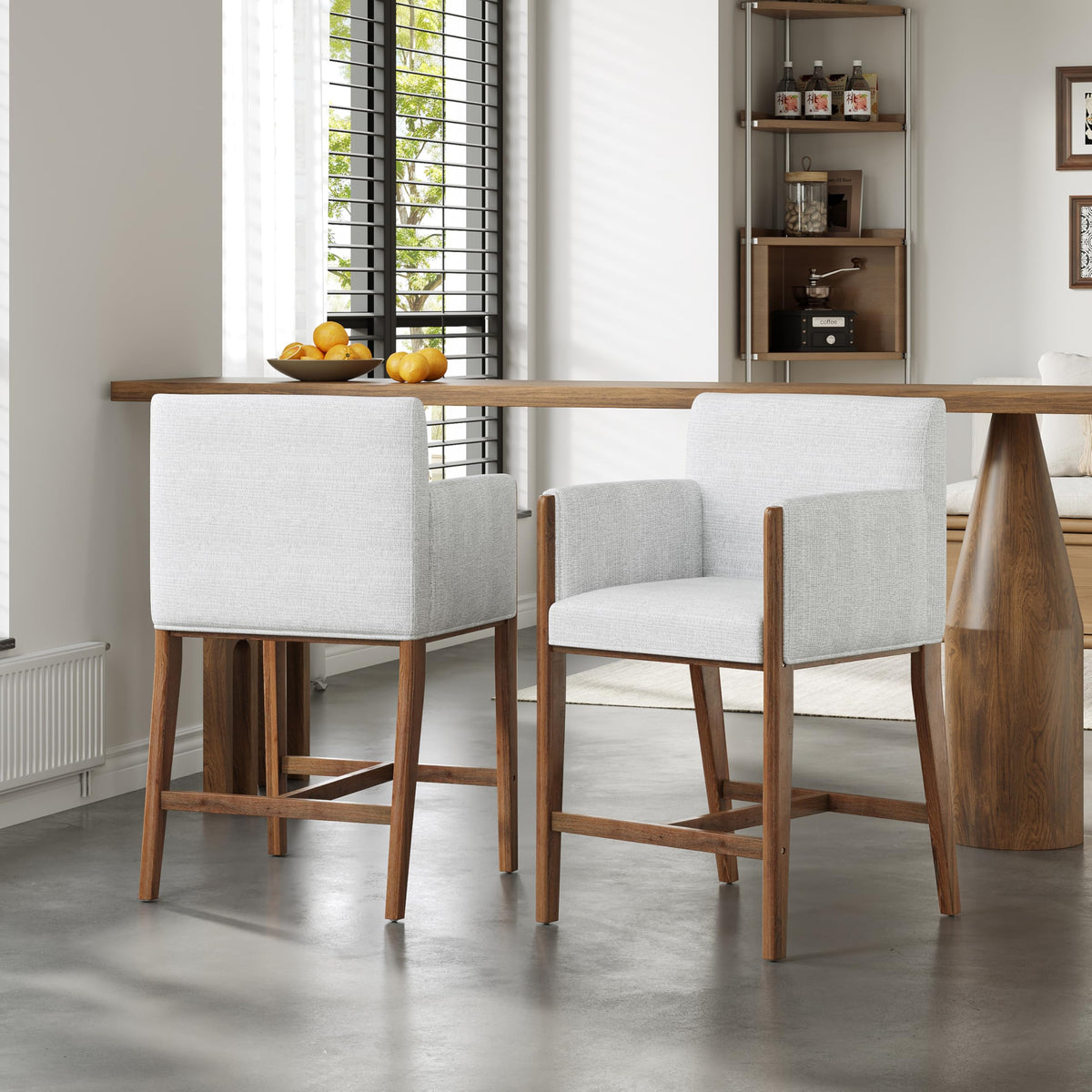 Merax Fabric Upholstered Solid Wood Counter Stools Set of 2, 24" Seat Height Counter Bar Stools with Backs & Arms, Modern Rustic Barstools for Kitchen Island Dining Room, Walnut