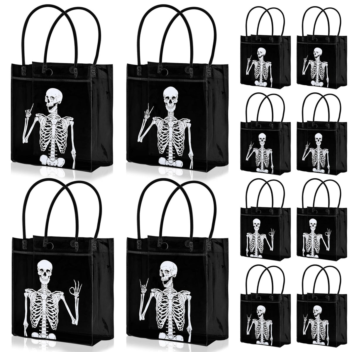 Whaline 12 Pcs Halloween Skeleton PVC Gift Bags Black White Skeleton Party Favor Bags with Handles Day of the Dead Reusable Clear Treat Tote Bag for Trick or Treat Holiday Birthday Party Supplies