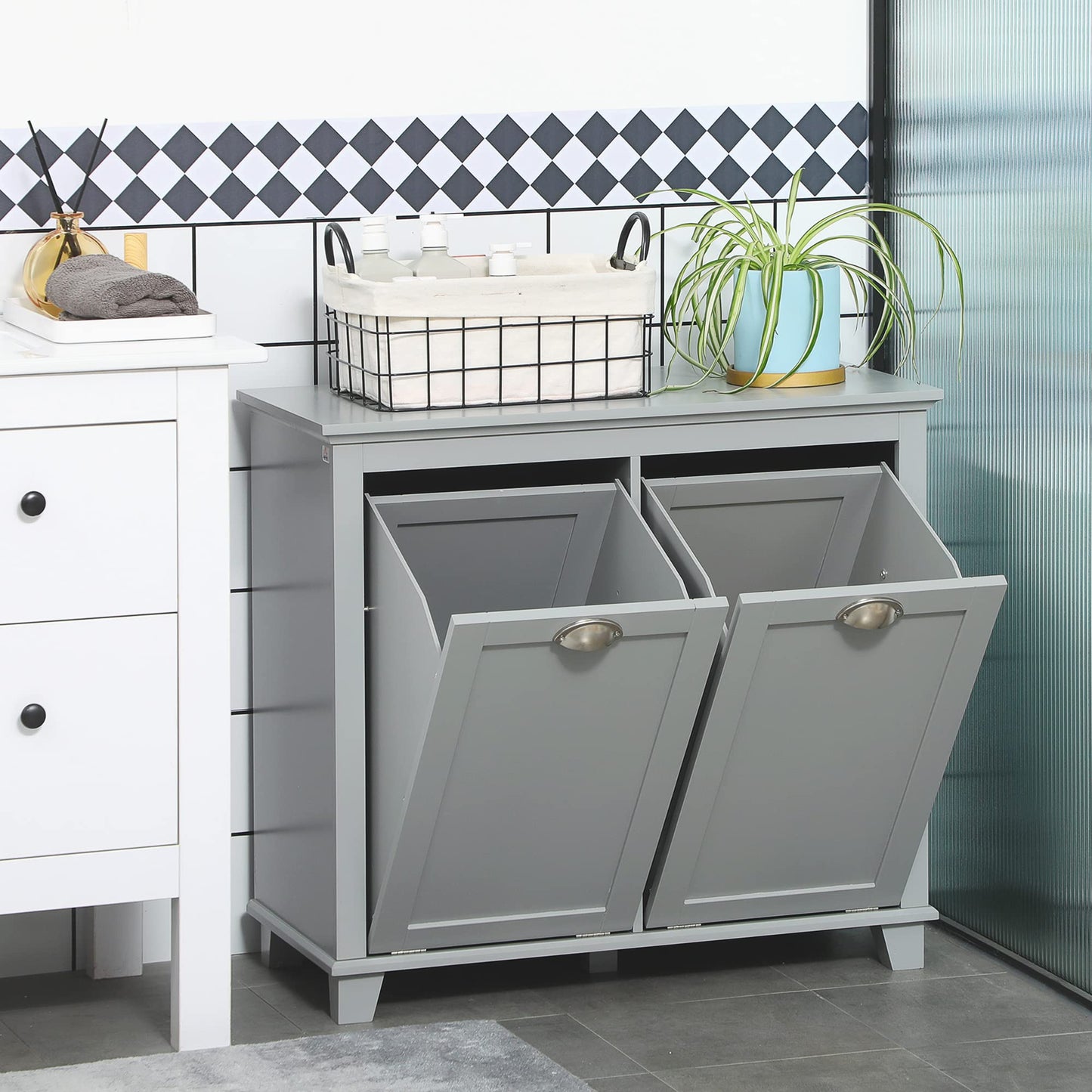 Tilt-Out Laundry Sorter Cabinet, Bathroom Storage Organizer with Two-Compartment Tilt-Out Hamper, Gray