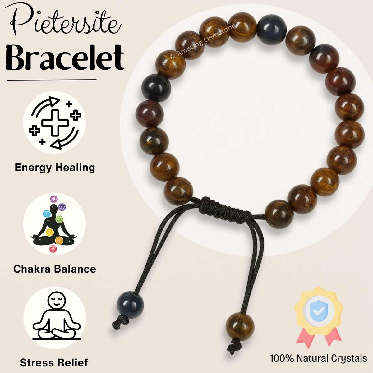 Amazing Gemstone Pietersite Bracelet, Gifts For Men & Women - Protection Healing Crystal Bracelet - 8mm Gemstone Beaded Adjustable Bracelet, Pulseras Para Hombres Mujer Stocking Stuffers