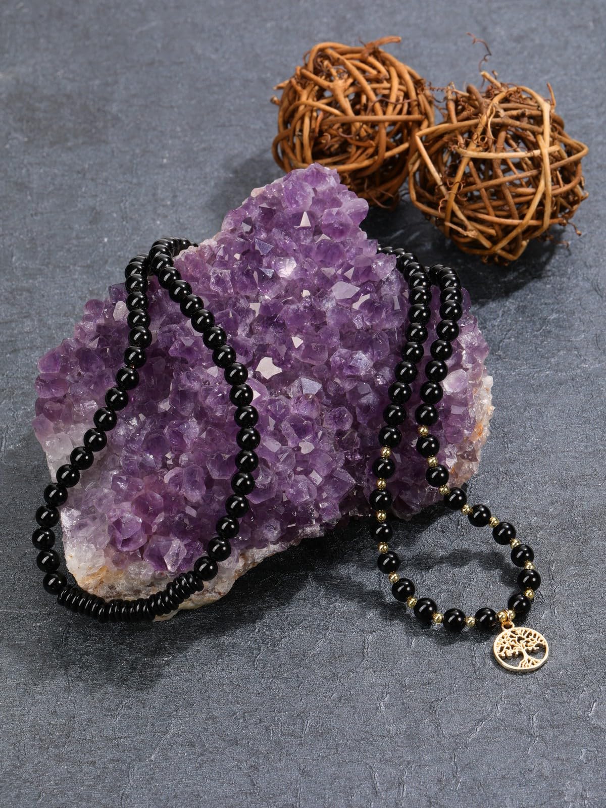 Jovivi 108 Mala Beads Bracelet Necklace, Natural Black Obsidian Healing Crystal Stones Prayer Beads Yoga Meditation Gemstone Necklace Gold Copper Tree Life Pendant