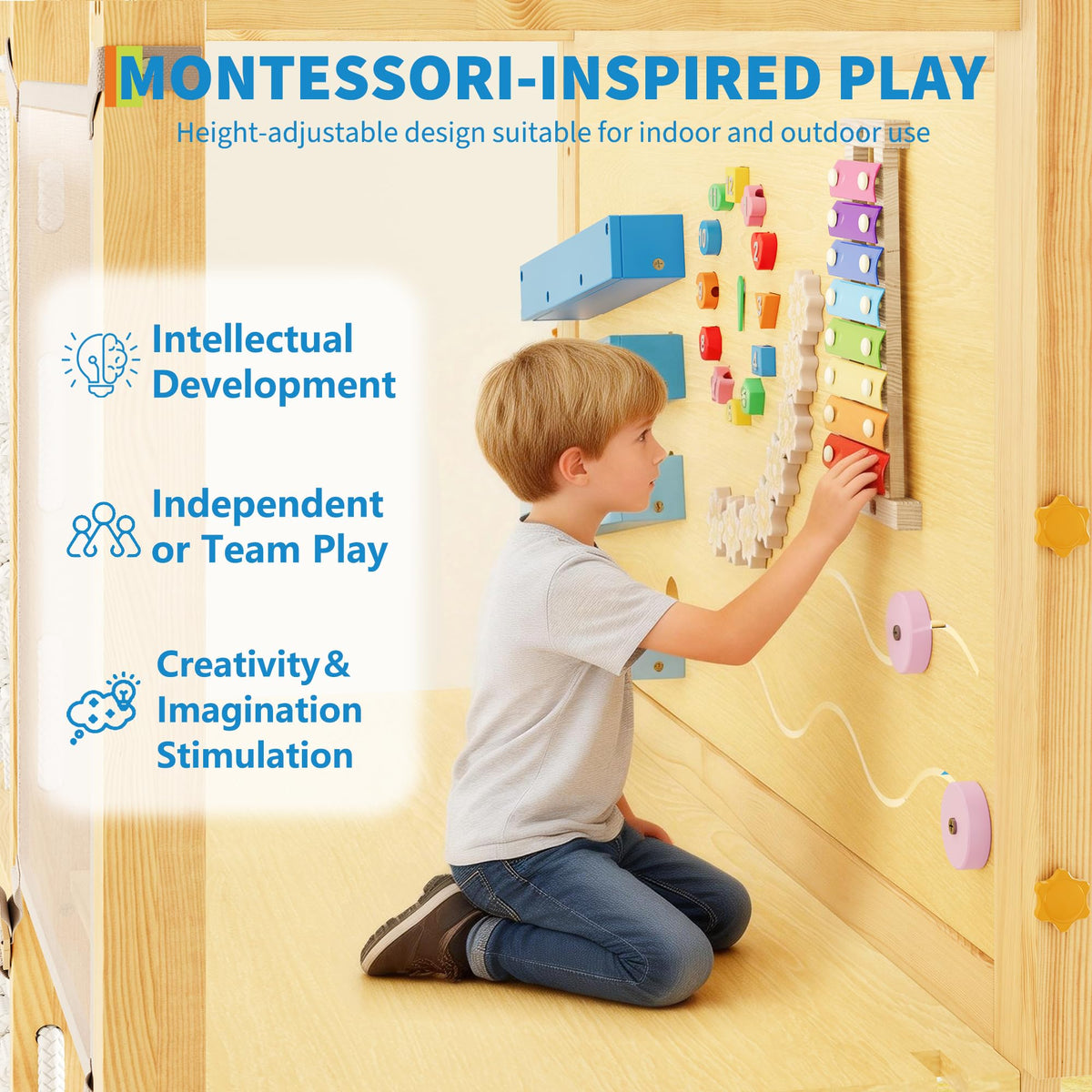 Garvee 9-in-1 Indoor Jungle Gym, Montessori Wooden Indoor Playground for Kids 2-8, Wooden Climbing Structure with Slide, Monkey Bars, Rope Ladder, Rock Wall, Climbing Net, Rings - Natural Wood Blue